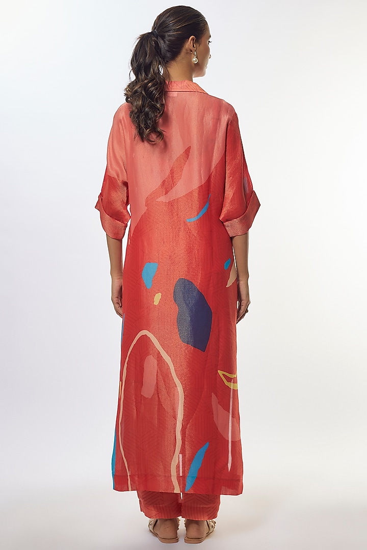 Red Shimmer Silk Satin Abstract Printed Tunic Set by CLOS at Pernia's Pop Up Shop