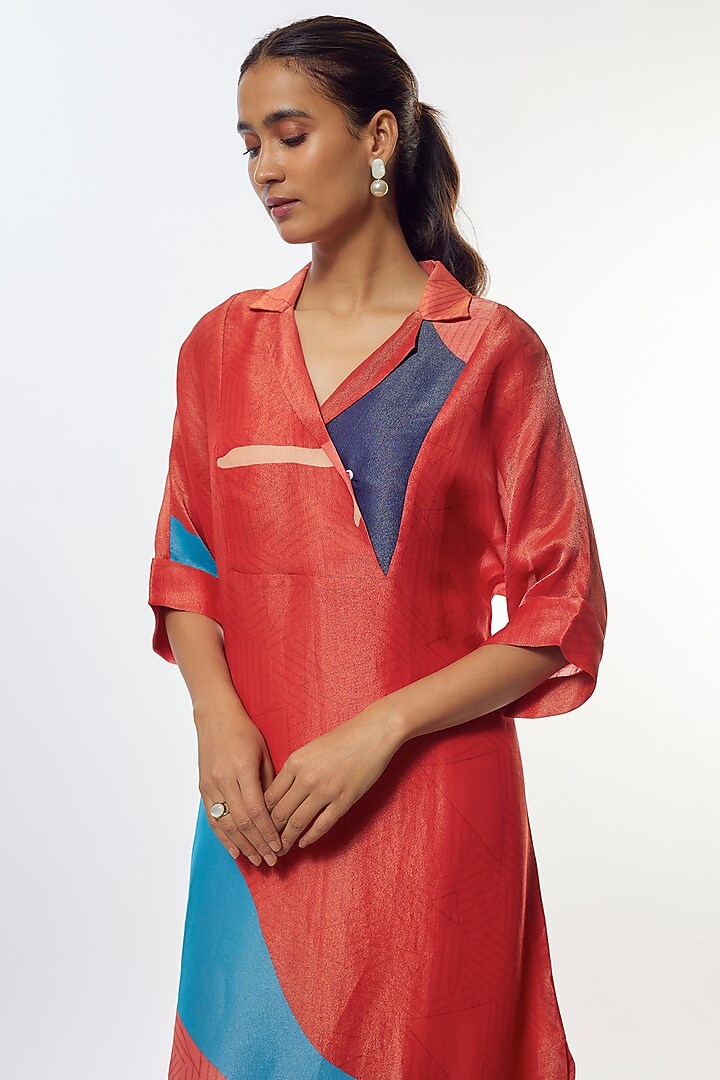 Red Shimmer Silk Satin Abstract Printed Tunic Set by CLOS at Pernia's Pop Up Shop