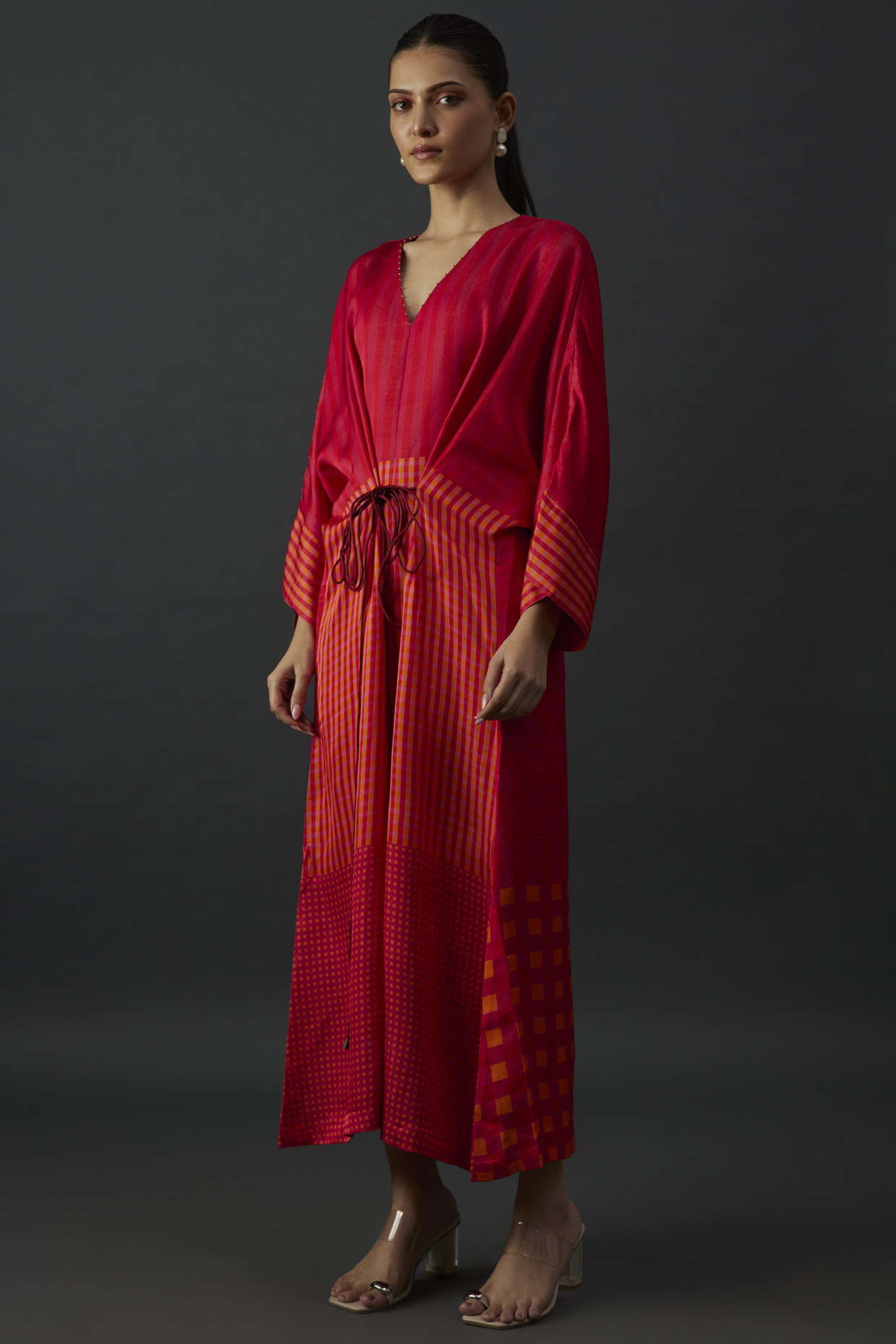 Maroon Shimmer Silk Satin Geometric Printed High-Low Kaftan by CLOS at Pernia's Pop Up Shop