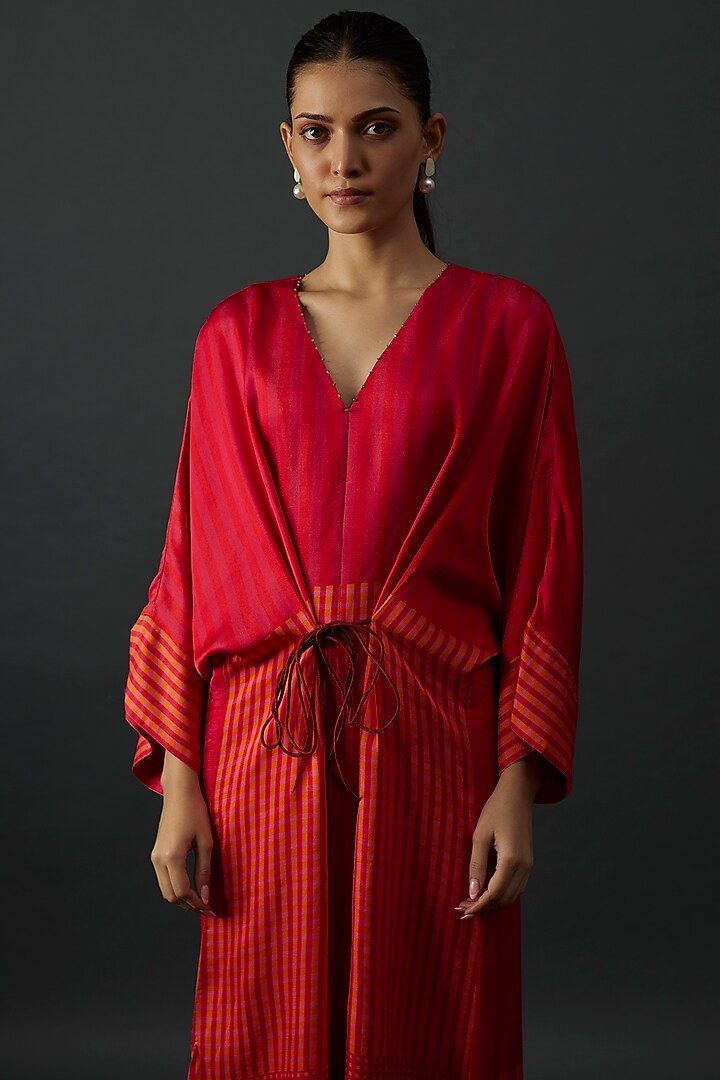 Maroon Shimmer Silk Satin Geometric Printed High-Low Kaftan by CLOS at Pernia's Pop Up Shop