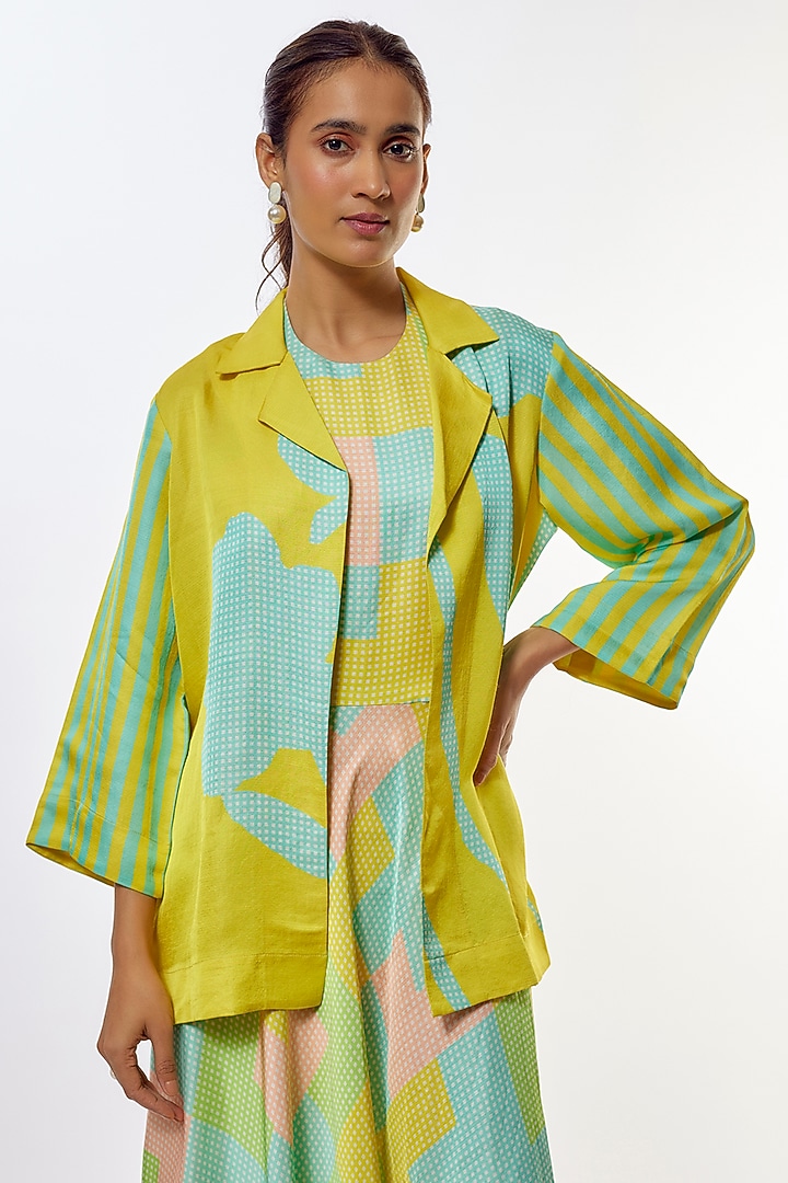 Yellow Shimmer Satin Silk Jacket Vacation Dress by CLOS at Pernia's Pop Up Shop