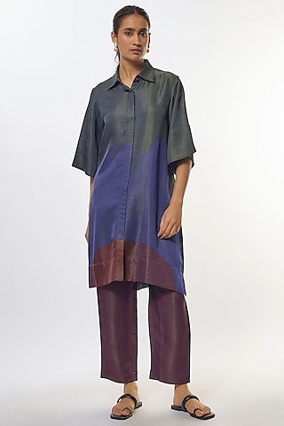 Purple Shimmer Silk Satin Abstract Printed Tunic Set by CLOS
