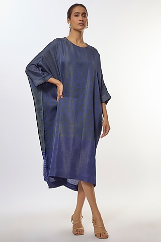 Blue Shimmer Silk Satin Abstract Printed Kaftan Dress by CLOS