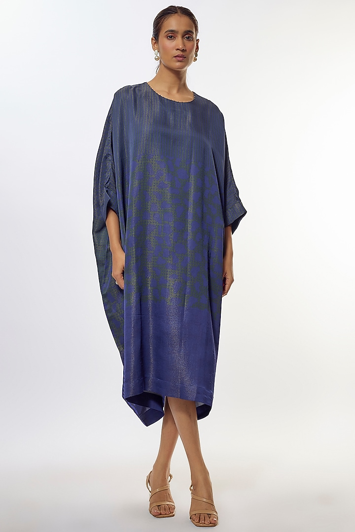Blue Shimmer Silk Satin Abstract Printed Kaftan Summer Dress by CLOS at Pernia's Pop Up Shop