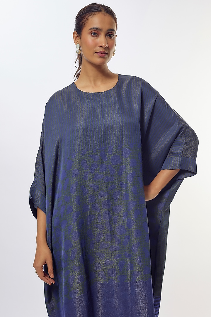 Blue Shimmer Silk Satin Abstract Printed Kaftan Summer Dress by CLOS at Pernia's Pop Up Shop