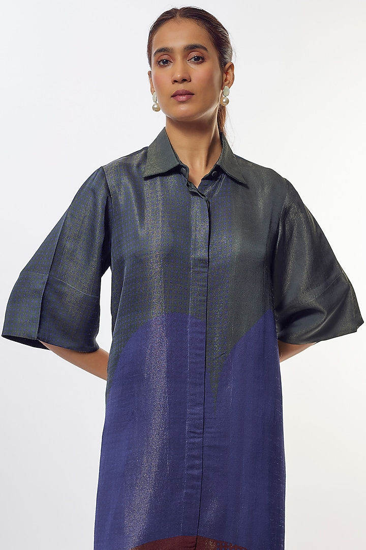 Blue Shimmer Silk Satin Abstract Printed Kaftan Summer Dress by CLOS at Pernia's Pop Up Shop