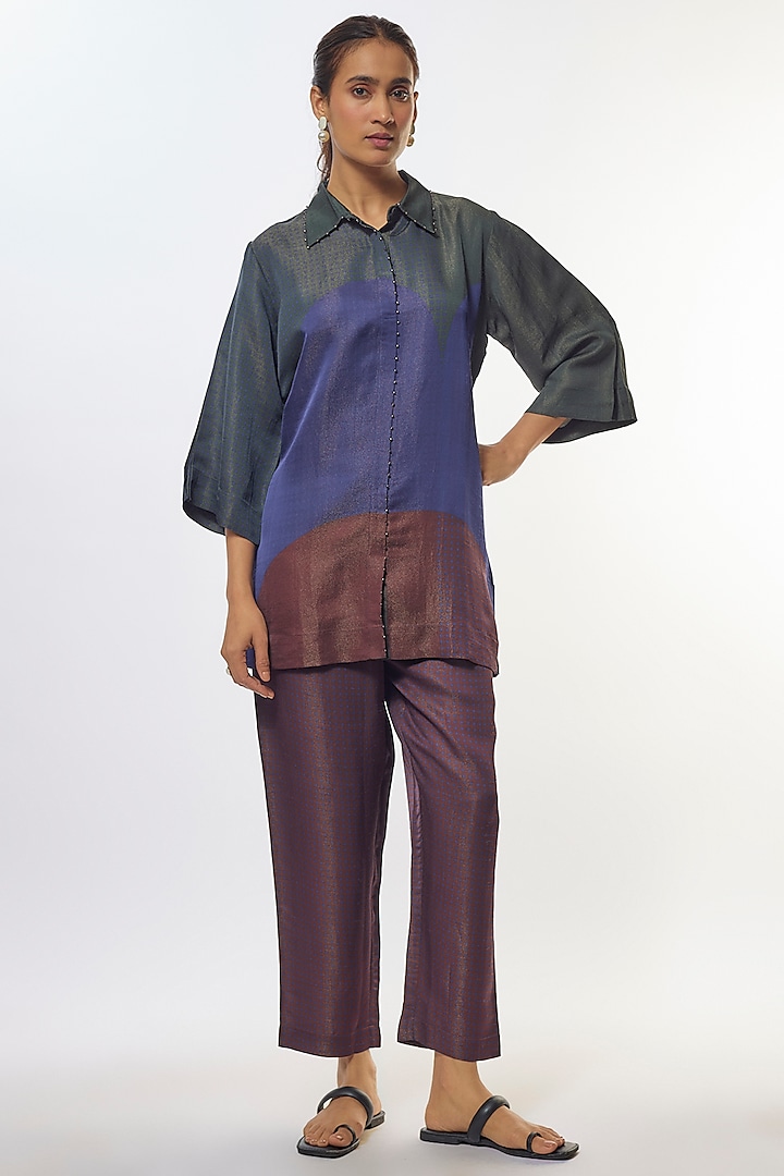 Purple Shimmer Silk Satin Abstract Geometric Printed Co-Ord Set by CLOS at Pernia's Pop Up Shop