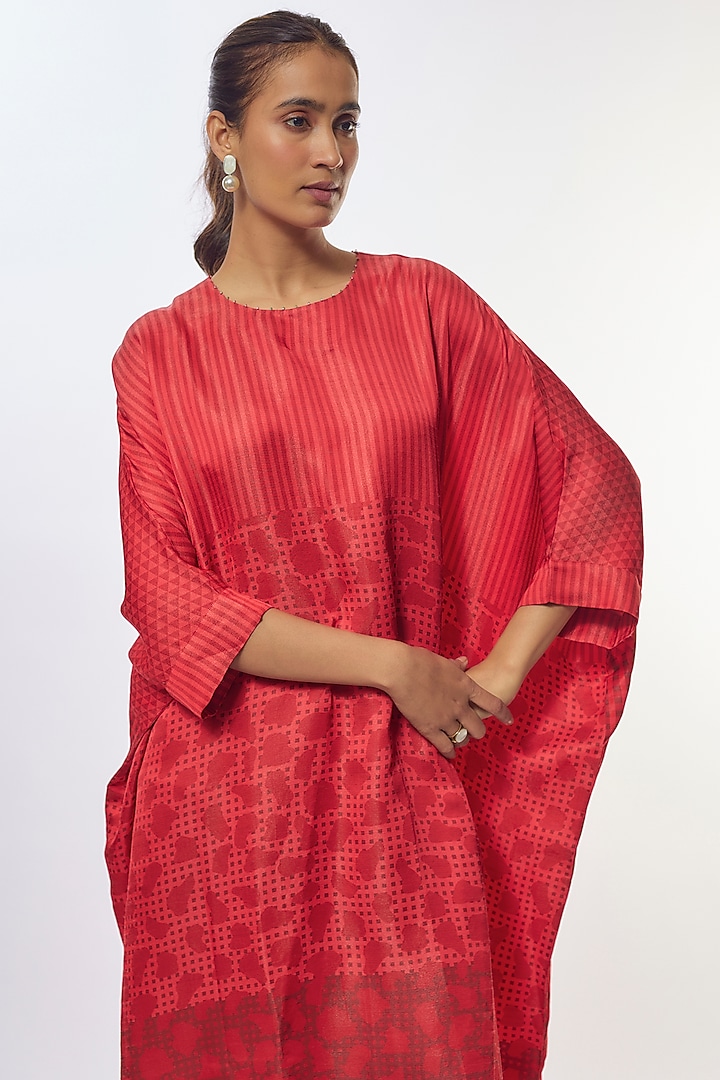 Red Shimmer Silk Satin Abstract Printed Kaftan Summer Dress by CLOS at Pernia's Pop Up Shop
