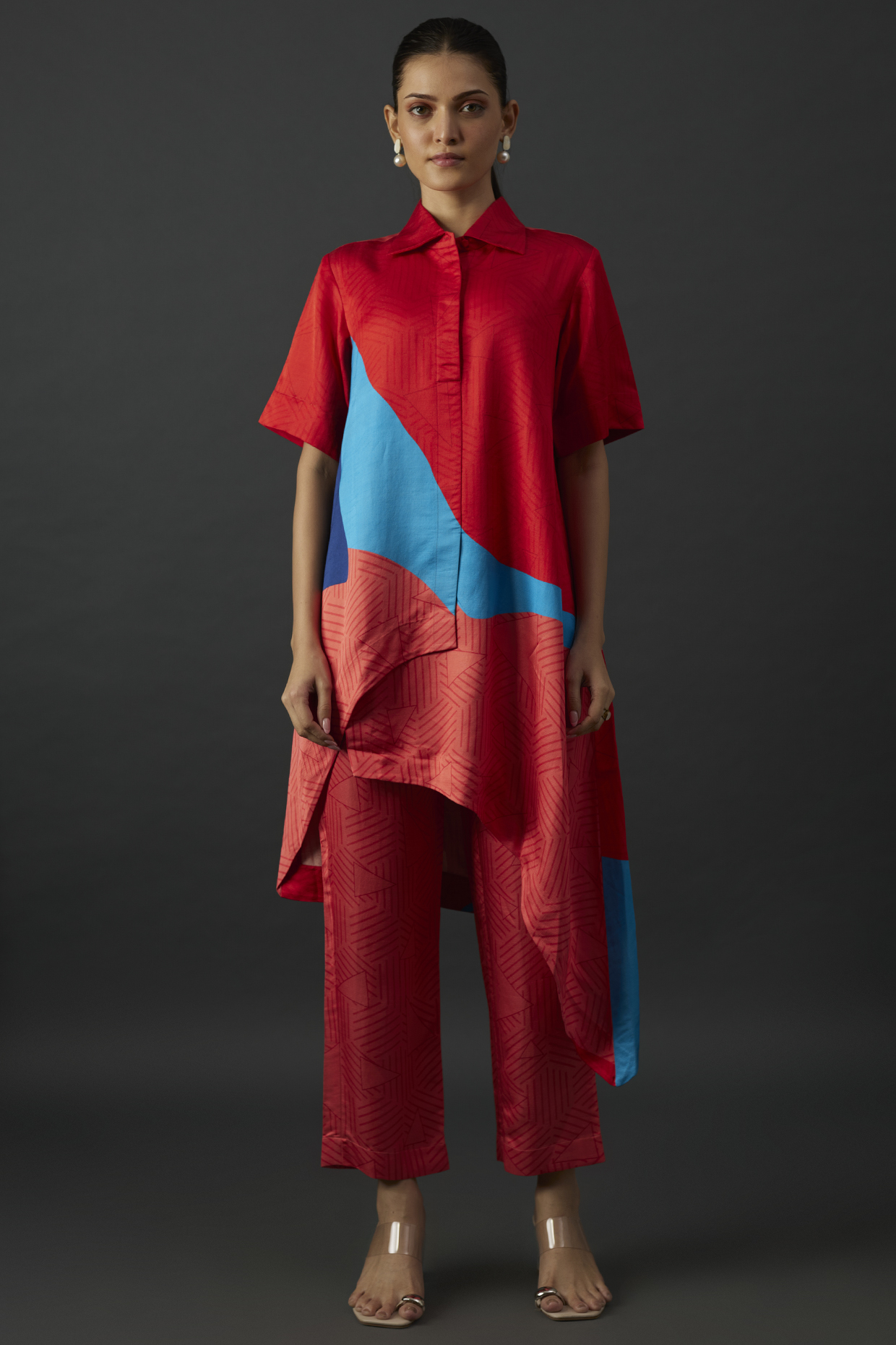 Red Shimmer Silk Satin Abstract Printed Kurta Set by CLOS at Pernia's Pop Up Shop