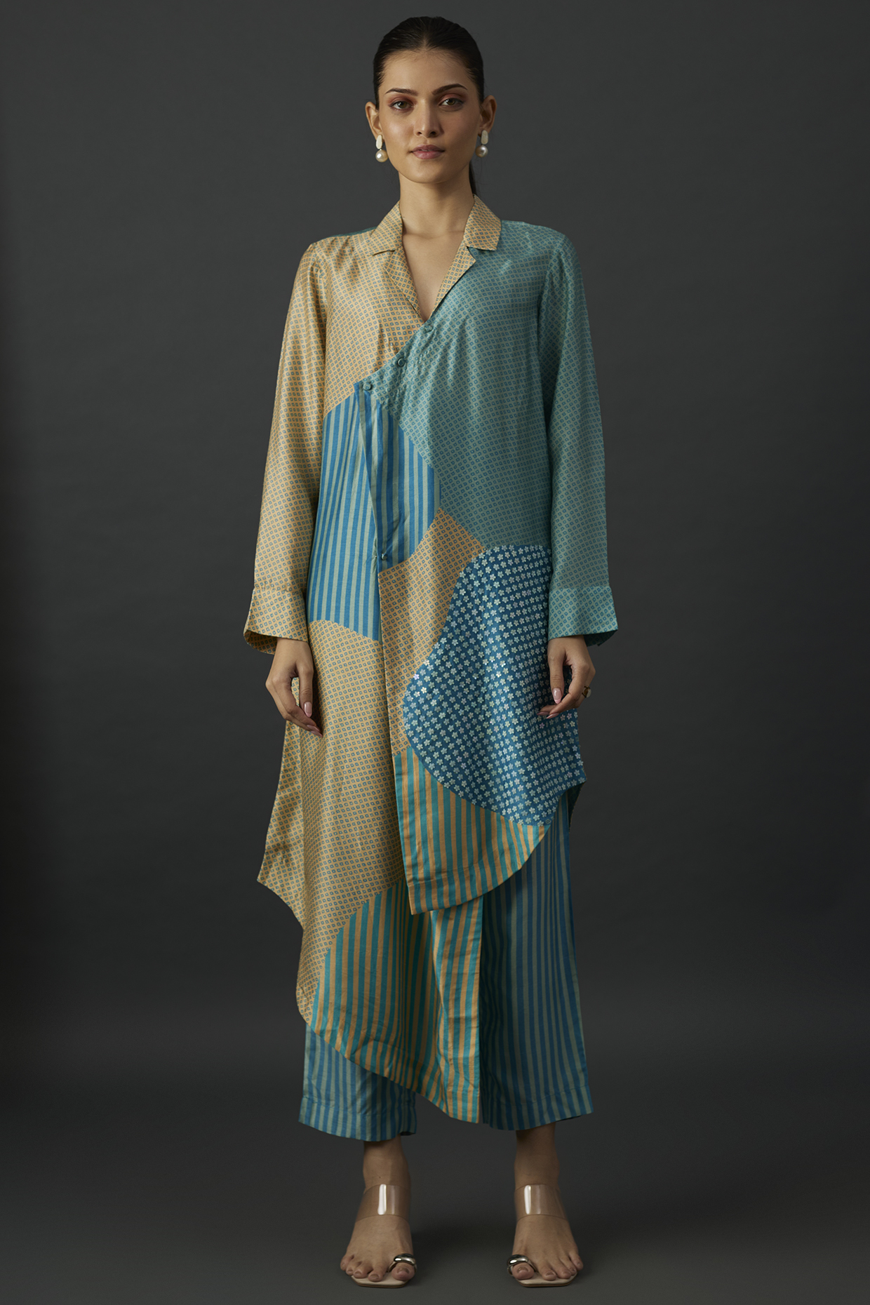 Blue Dupion Silk Abstract Printed Straight Kurta Set by CLOS at Pernia's Pop Up Shop