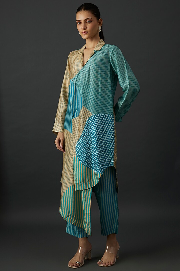 Blue Dupion Silk Abstract Printed Straight Kurta Set by CLOS at Pernia's Pop Up Shop