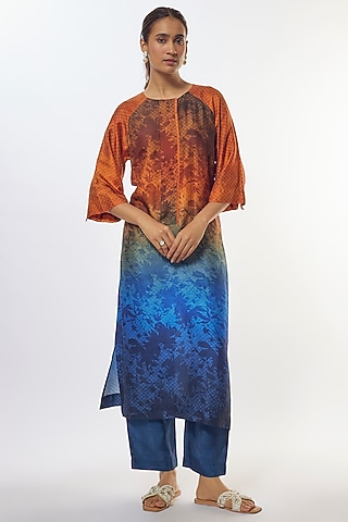 Blue Dupion Silk Geometric Floral Printed Tunic Set by CLOS