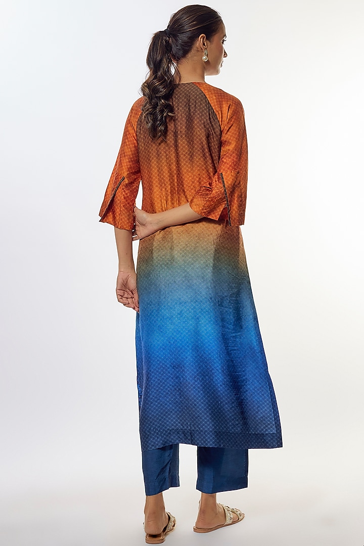 Blue Dupion Silk Geometric Floral Printed Tunic Set by CLOS at Pernia's Pop Up Shop