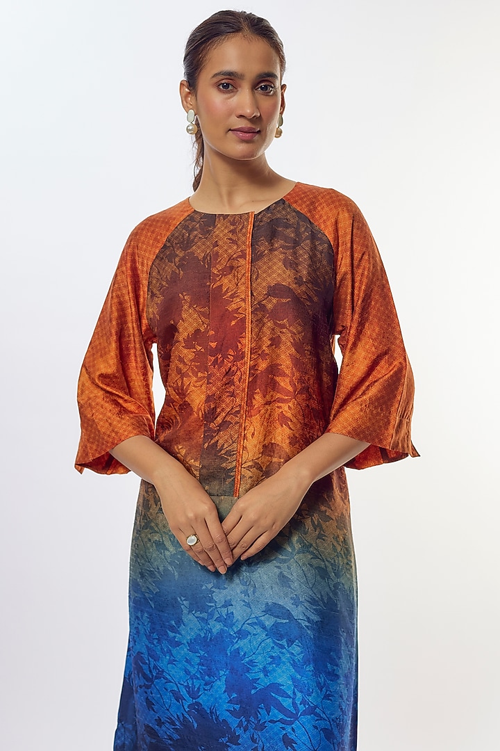Blue Dupion Silk Geometric Floral Printed Tunic Set by CLOS at Pernia's Pop Up Shop