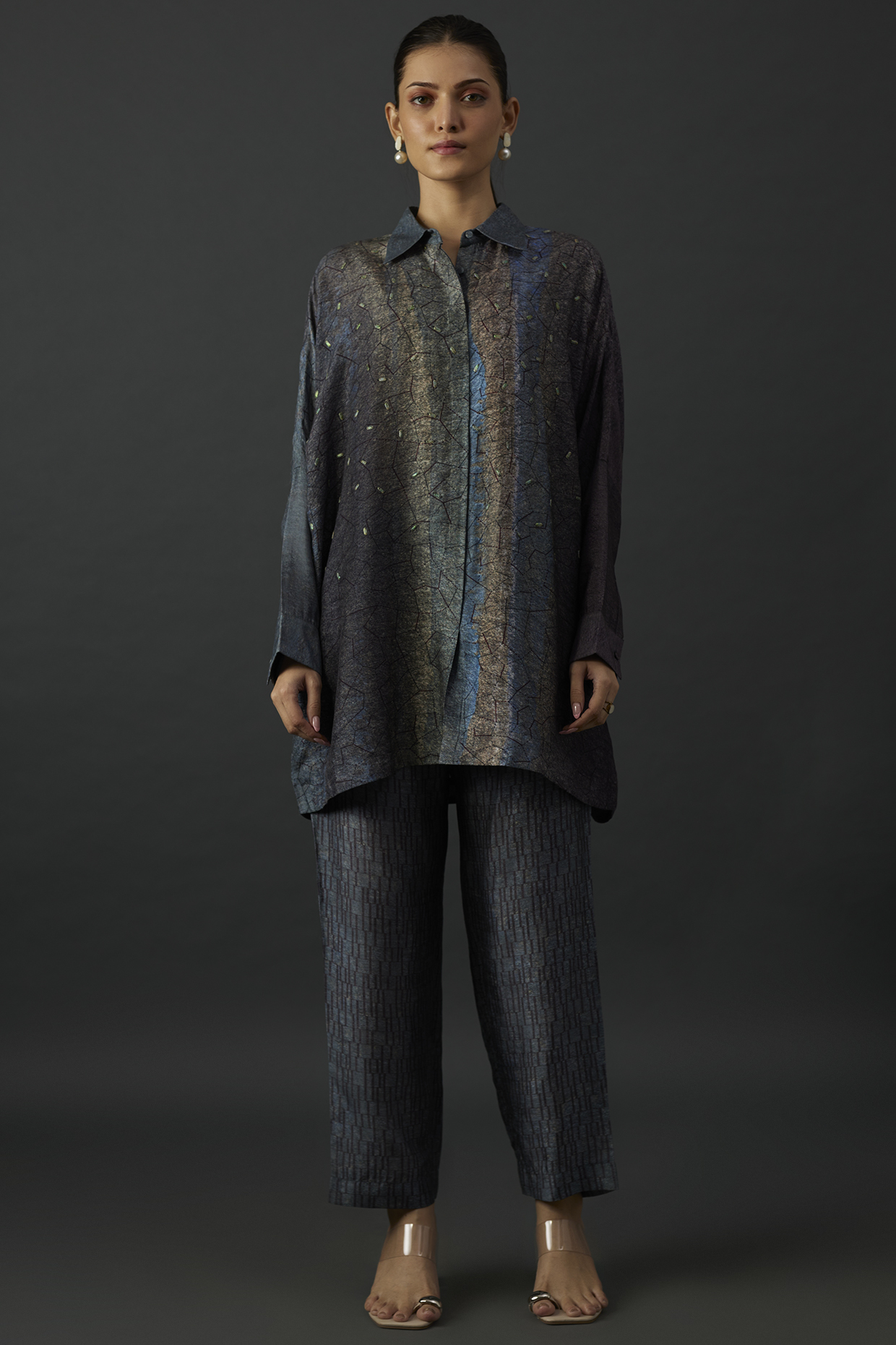 Grey Dupion Silk Printed & Sequins Embroidered Co-Ord Set by CLOS at Pernia's Pop Up Shop