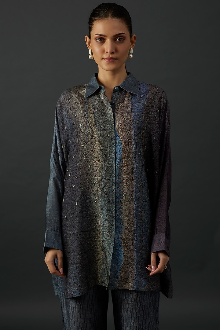 Grey Dupion Silk Printed & Sequins Embroidered Co-Ord Set by CLOS at Pernia's Pop Up Shop