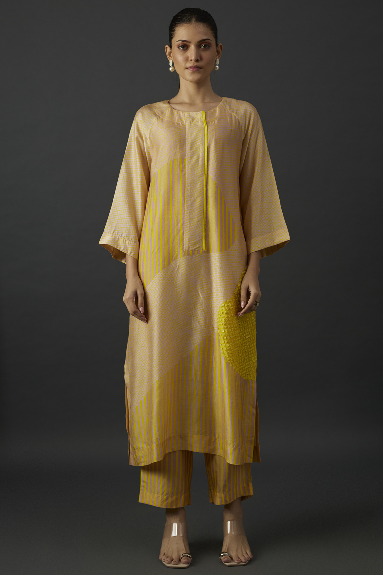 Yellow Dupion Silk Geometric Floral Printed Tunic Set by CLOS at Pernia's Pop Up Shop