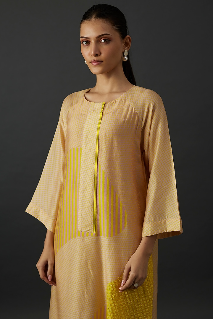 Yellow Dupion Silk Geometric Floral Printed Tunic Set by CLOS at Pernia's Pop Up Shop