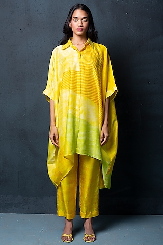 Lemon Yellow Pant Set in Dupion Silk by CLOS