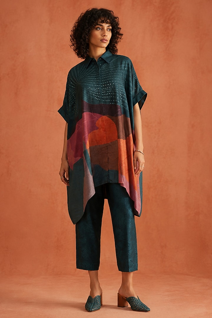 Teal & Multi-Colored Dupion Silk Embroidered High-Low Kurta Set by CLOS at Pernia's Pop Up Shop