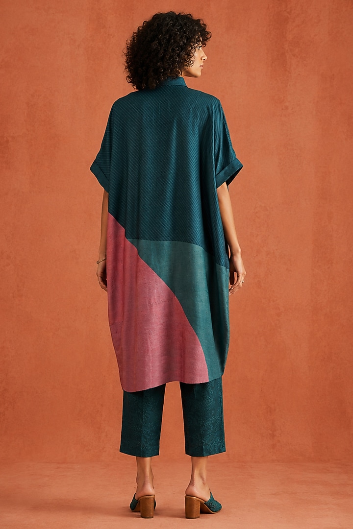 Teal & Multi-Colored Dupion Silk Embroidered High-Low Kurta Set by CLOS at Pernia's Pop Up Shop