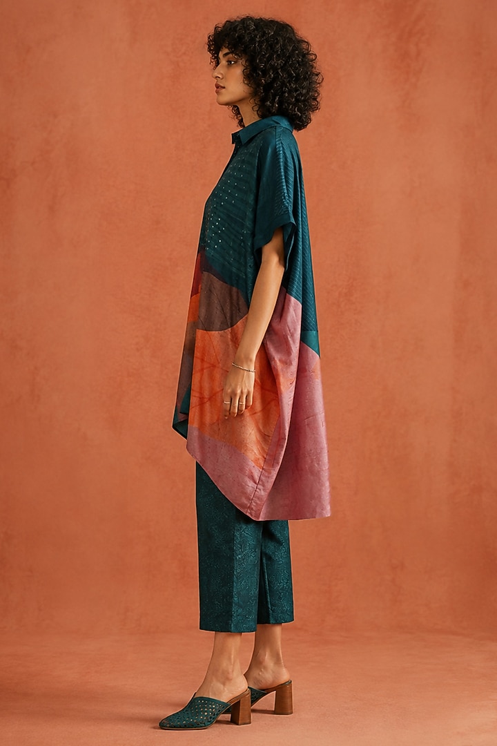 Teal & Multi-Colored Dupion Silk Embroidered High-Low Kurta Set by CLOS at Pernia's Pop Up Shop