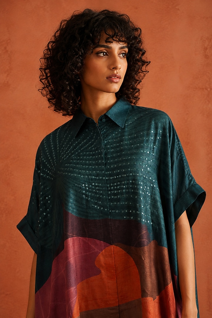 Teal & Multi-Colored Dupion Silk Embroidered High-Low Kurta Set by CLOS at Pernia's Pop Up Shop
