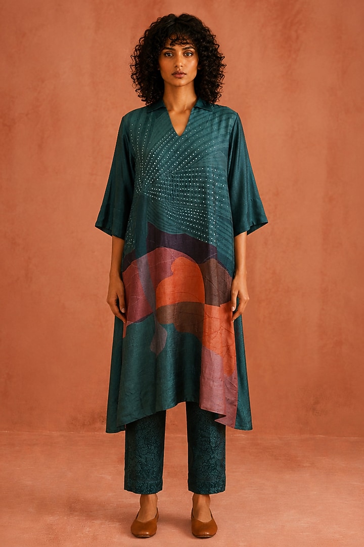 Teal & Multi-Colored Dupion Silk Embroidered Kurta Set by CLOS at Pernia's Pop Up Shop