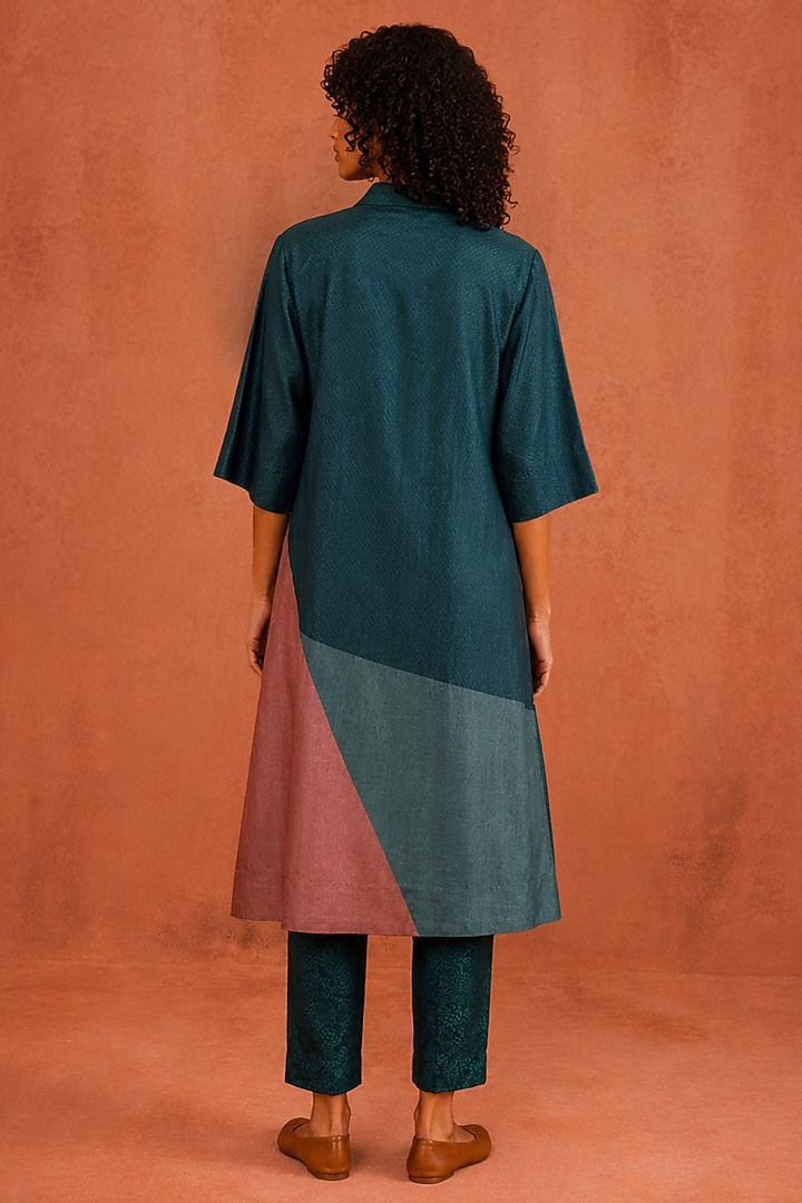 Teal & Multi-Colored Dupion Silk Embroidered Kurta Set by CLOS at Pernia's Pop Up Shop