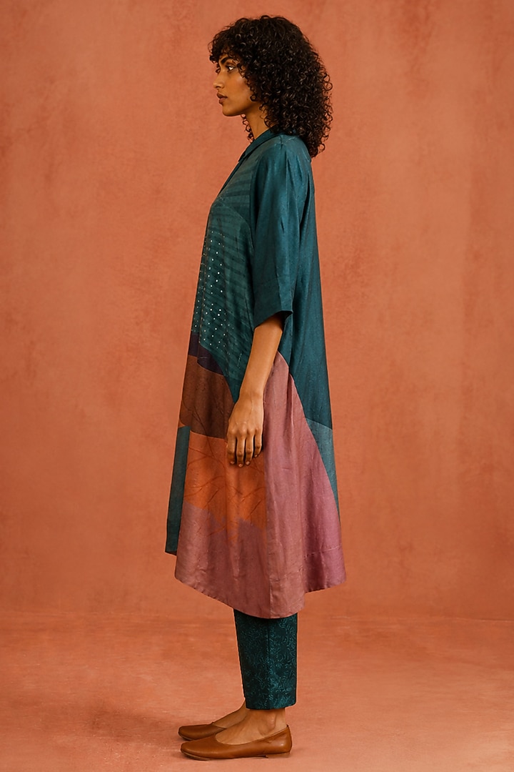 Teal & Multi-Colored Dupion Silk Embroidered Kurta Set by CLOS at Pernia's Pop Up Shop