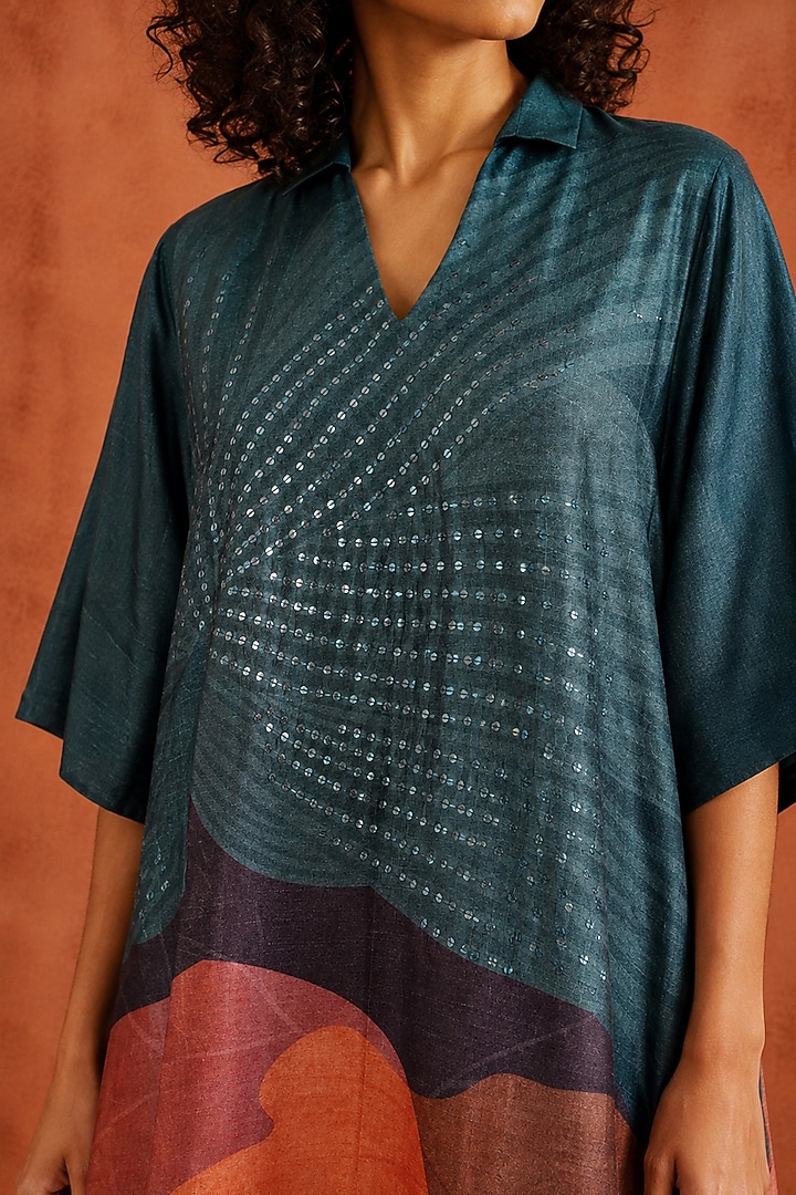 Teal & Multi-Colored Dupion Silk Embroidered Kurta Set by CLOS at Pernia's Pop Up Shop