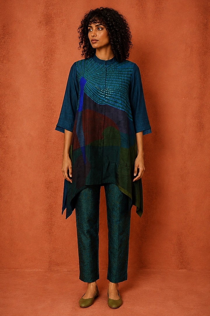 Midnight Teal Dupion Silk Embroidered Kurta Set by CLOS at Pernia's Pop Up Shop