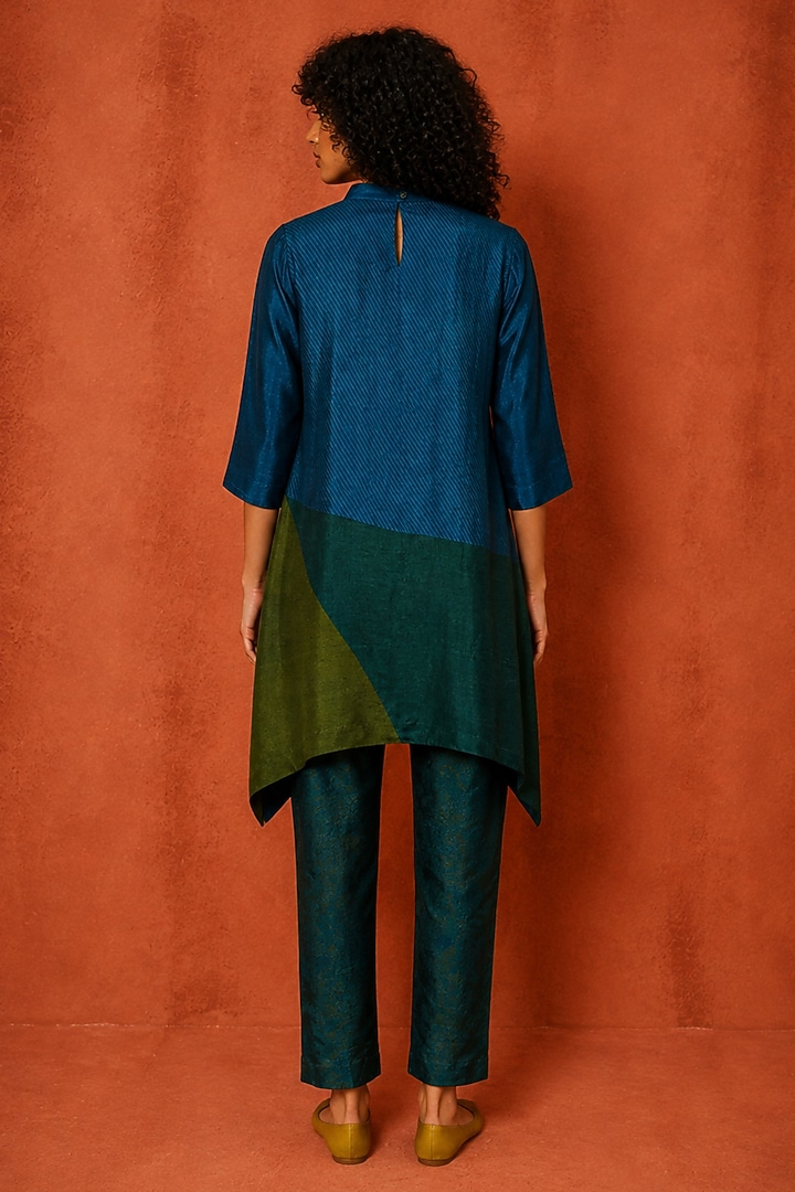 Midnight Teal Dupion Silk Embroidered Kurta Set by CLOS at Pernia's Pop Up Shop