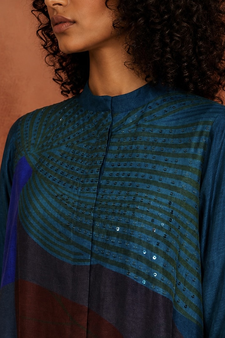 Midnight Teal Dupion Silk Embroidered Kurta Set by CLOS at Pernia's Pop Up Shop