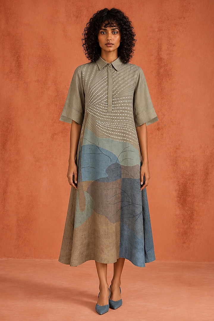 Taupe & Multi-Colored Dupion Silk Summer Dress by CLOS at Pernia's Pop Up Shop