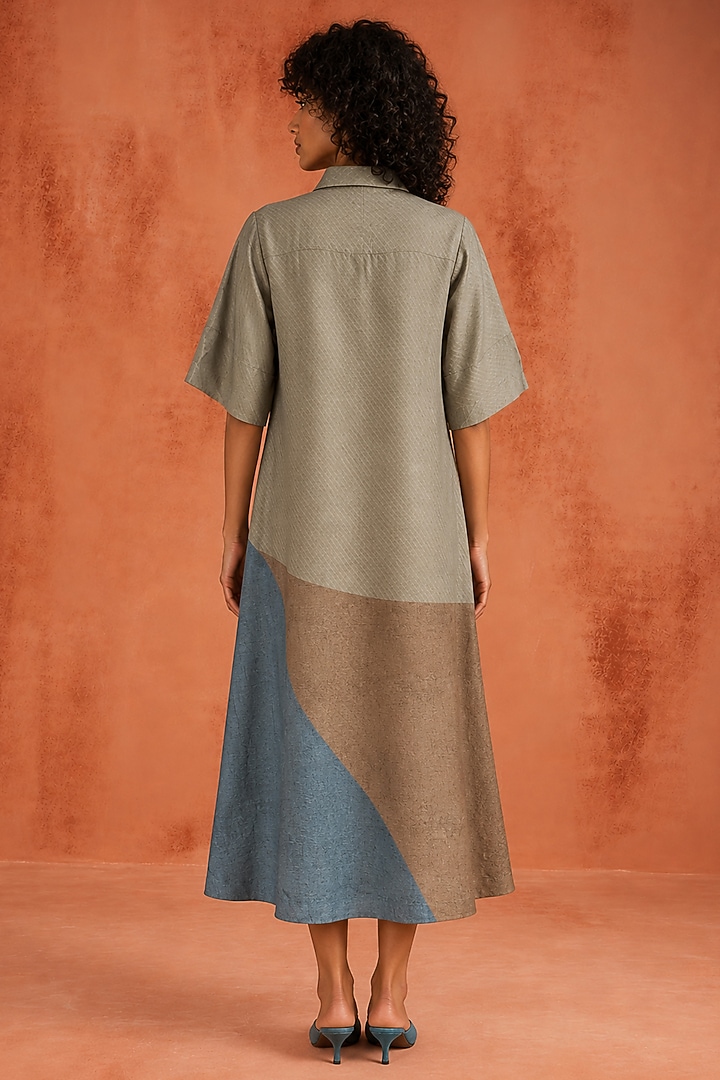 Taupe & Multi-Colored Dupion Silk Summer Dress by CLOS at Pernia's Pop Up Shop