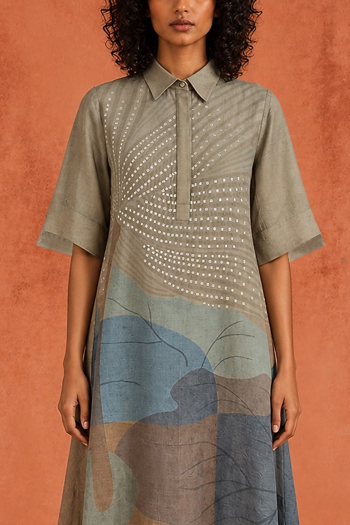 Taupe & Multi-Colored Dupion Silk Summer Dress by CLOS at Pernia's Pop Up Shop