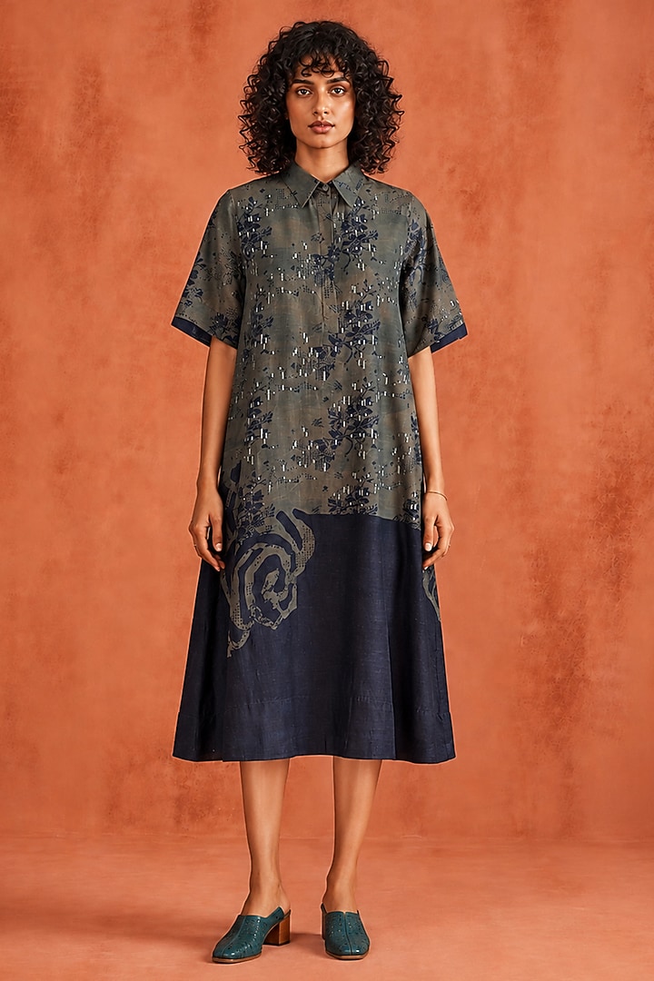Moss Grey Dupion Silk Embroidered Summer Dress by CLOS at Pernia's Pop Up Shop
