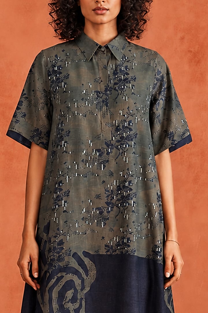Moss Grey Dupion Silk Embroidered Summer Dress by CLOS at Pernia's Pop Up Shop