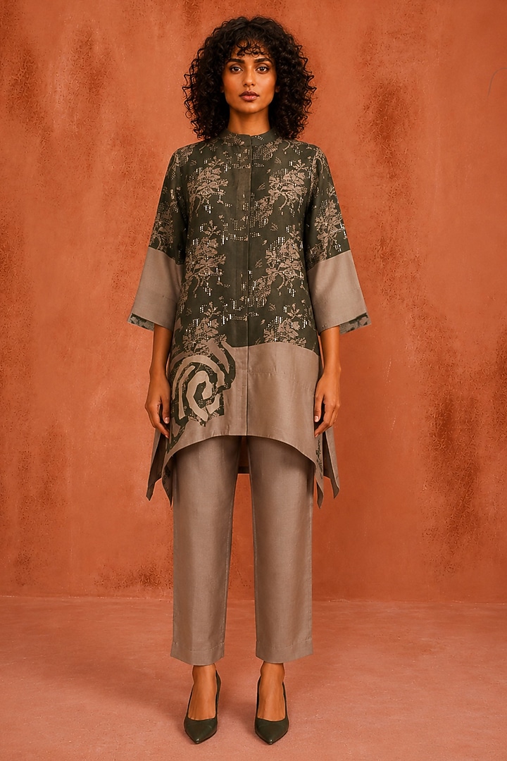 Dusty Olive Dupion Silk Embroidered Co-Ord Set by CLOS at Pernia's Pop Up Shop