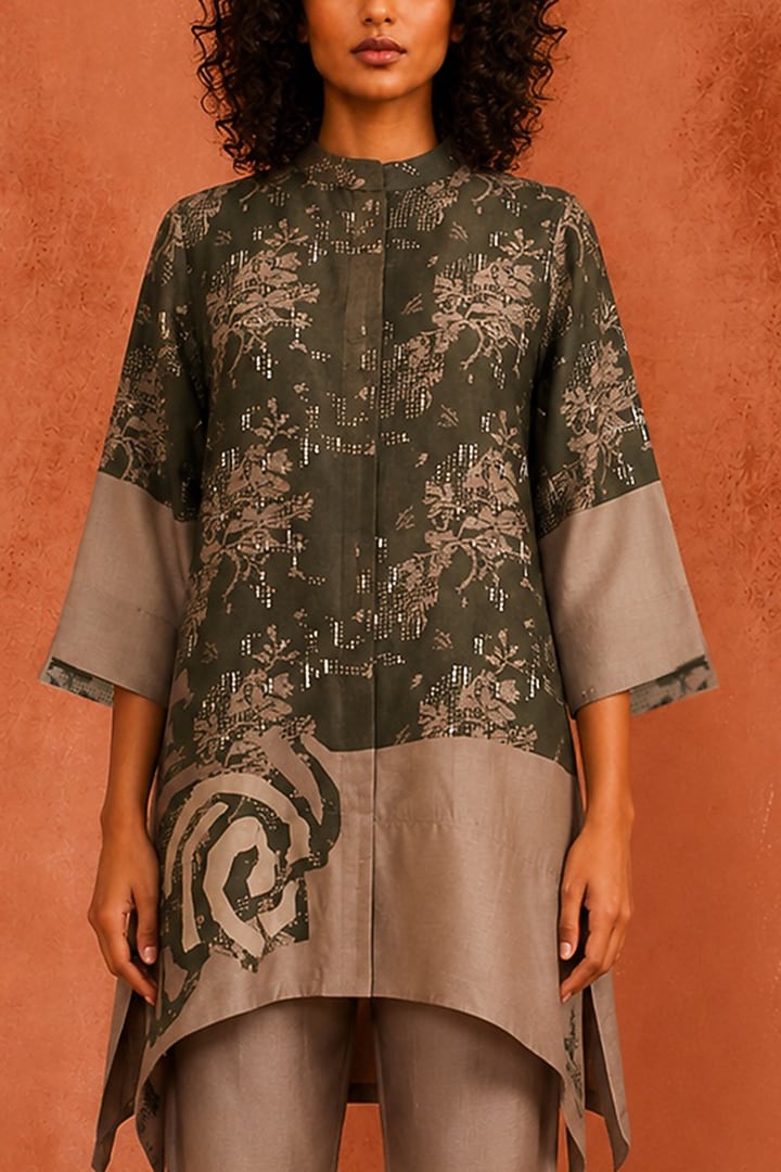 Dusty Olive Dupion Silk Embroidered Co-Ord Set by CLOS at Pernia's Pop Up Shop