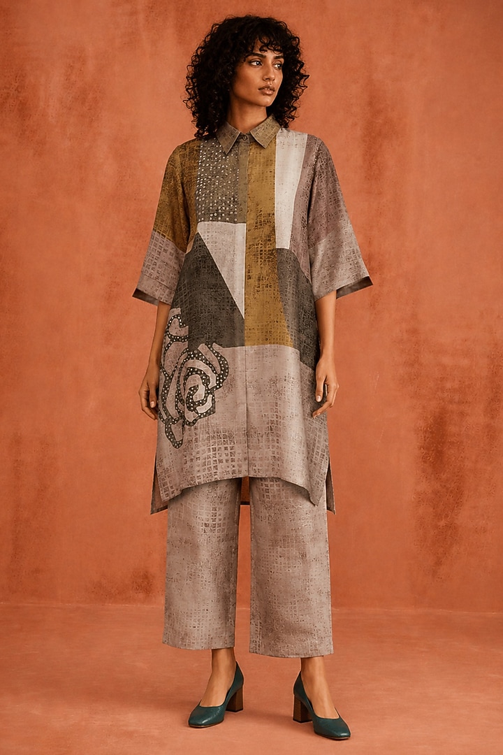 Taupe Olive & Multi-Colored Dupion Silk Co-Ord Set by CLOS at Pernia's Pop Up Shop