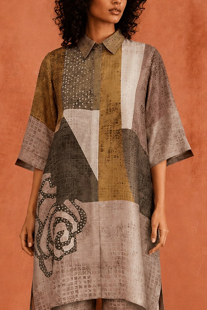 Taupe Olive & Multi-Colored Dupion Silk Co-Ord Set by CLOS at Pernia's Pop Up Shop