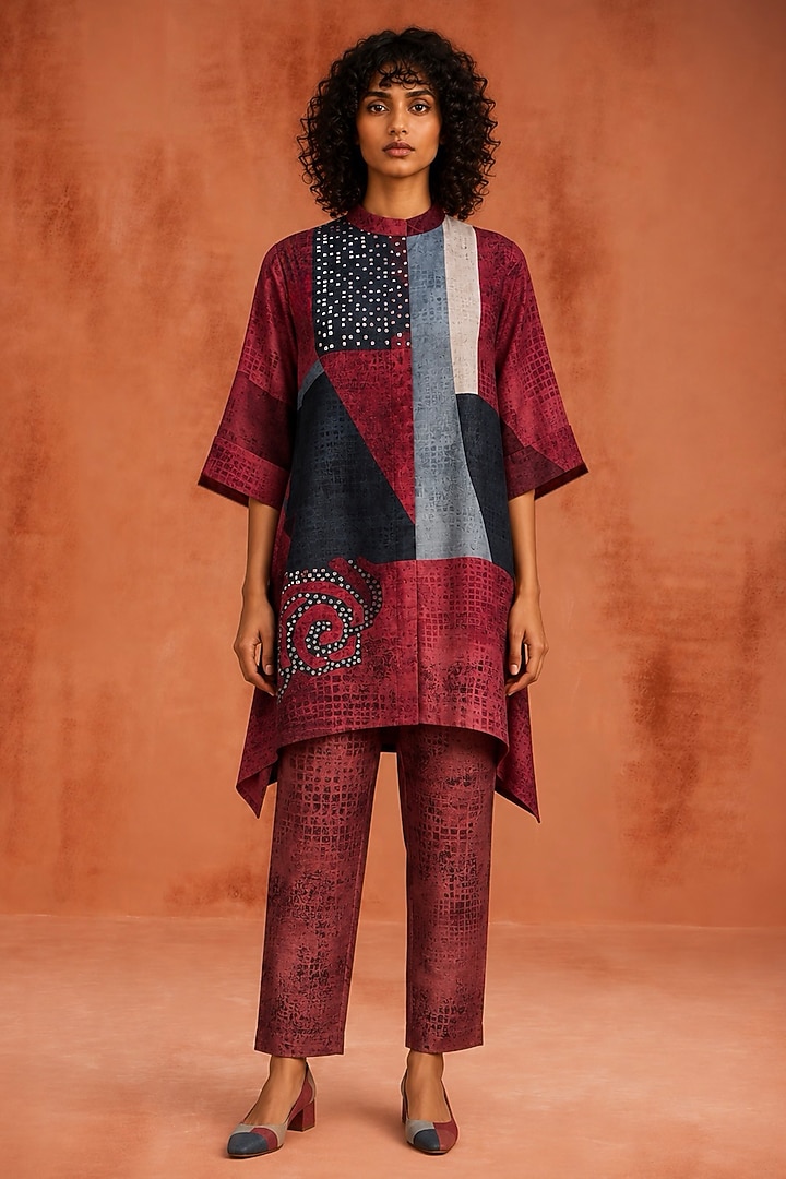 Burgundy & Multi-Colored Dupion Silk Floral Embroidered Co-Ord Set by CLOS at Pernia's Pop Up Shop