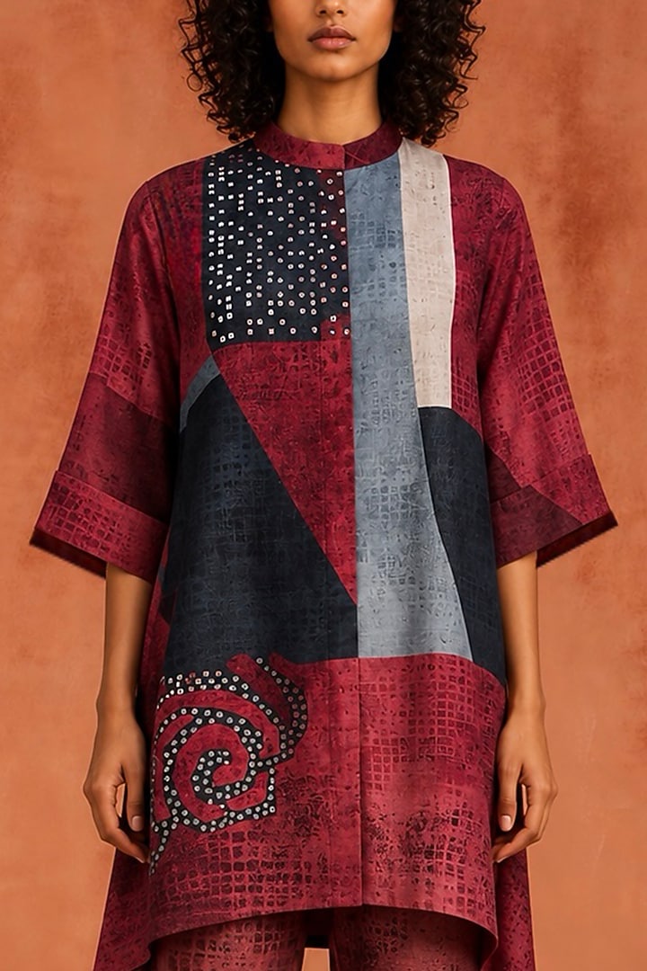 Burgundy & Multi-Colored Dupion Silk Floral Embroidered Co-Ord Set by CLOS at Pernia's Pop Up Shop