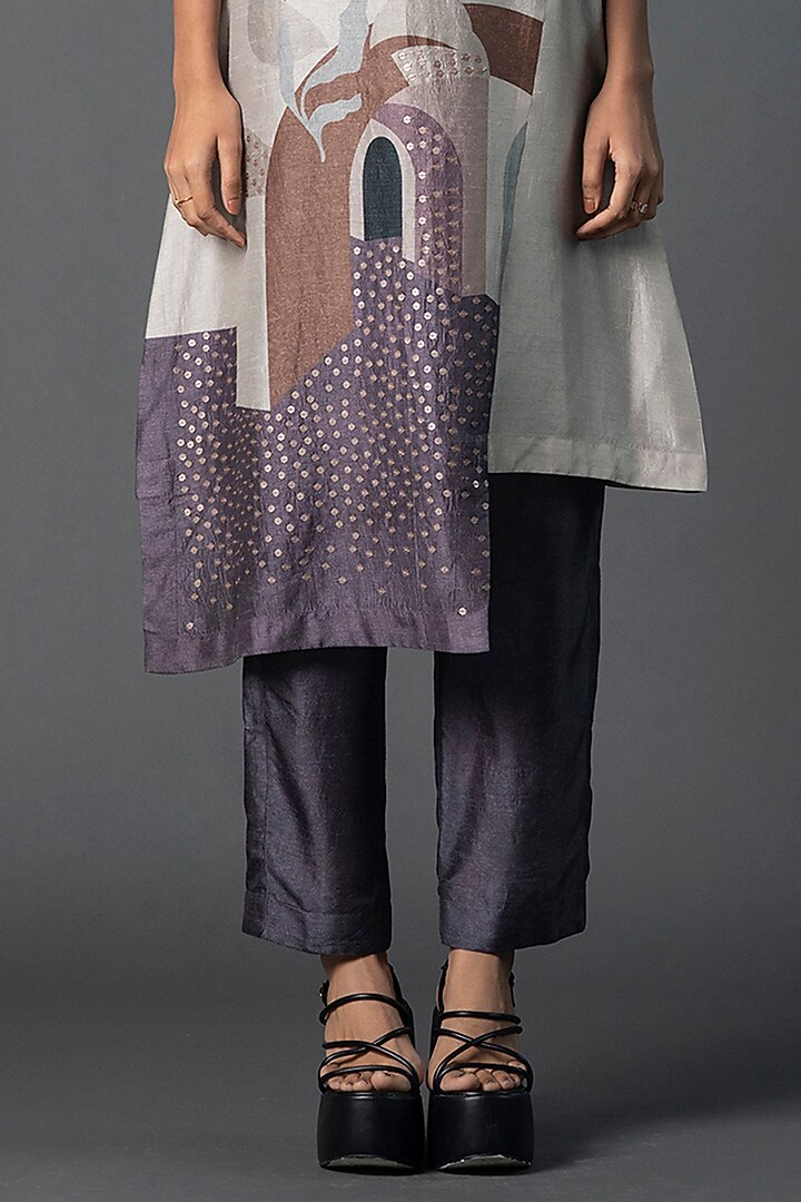Grey Dupion Silk Floral Kurta Set by CLOS at Pernia's Pop Up Shop