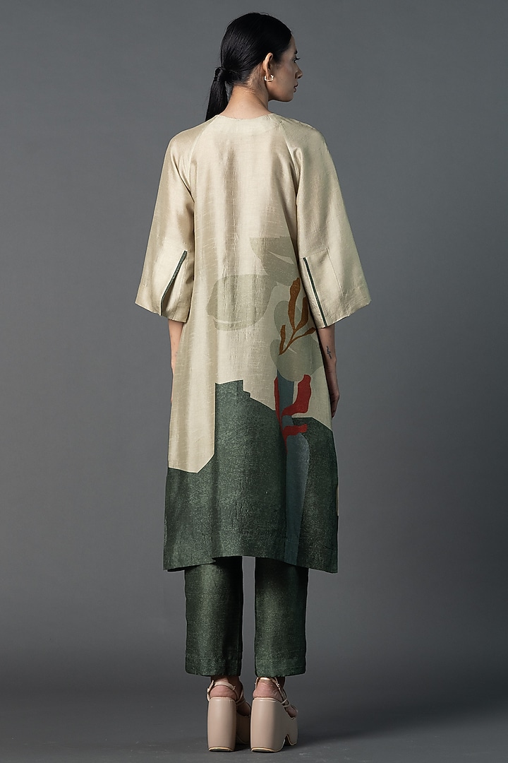 Green Dupion Silk Floral Printed Tunic Set by CLOS at Pernia's Pop Up Shop