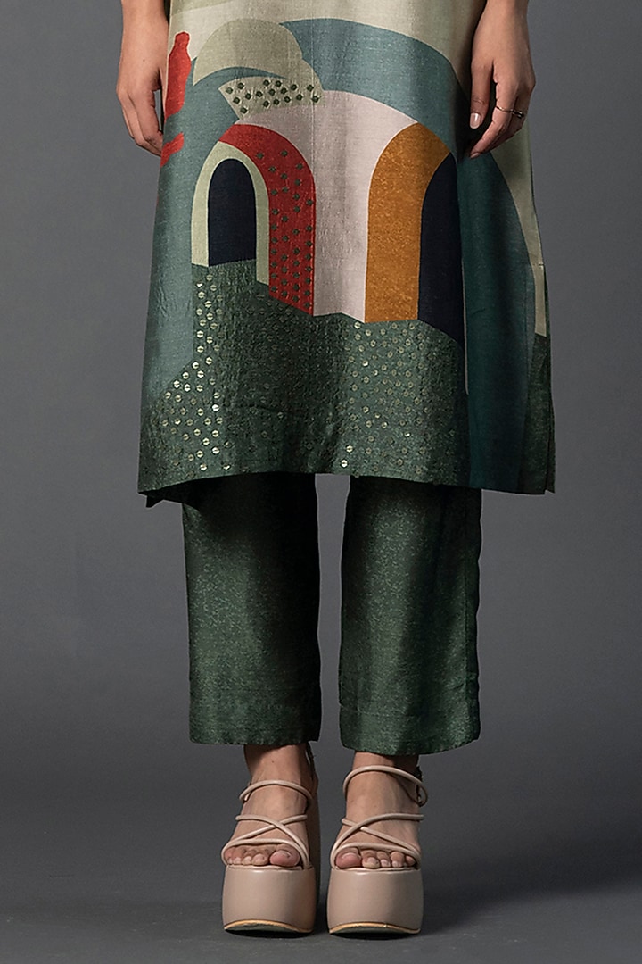 Green Dupion Silk Floral Printed Tunic Set by CLOS at Pernia's Pop Up Shop