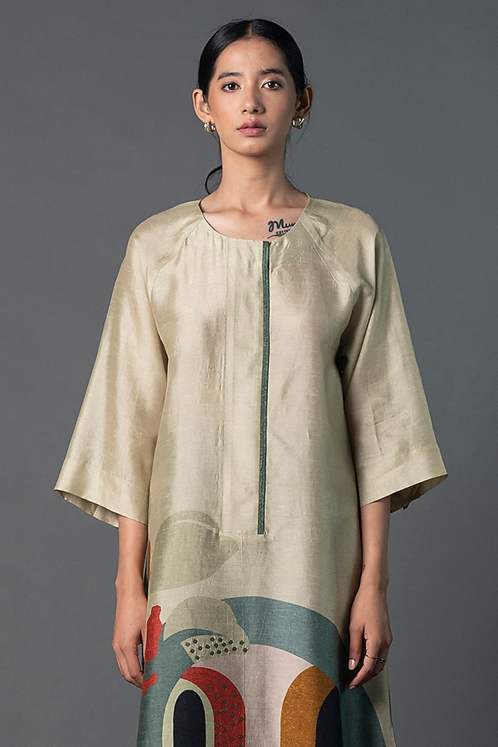 Green Dupion Silk Floral Printed Tunic Set by CLOS at Pernia's Pop Up Shop