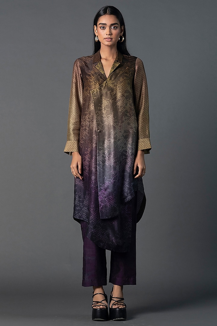 Green Dupion Silk Printed Asymmetric Tunic Set by CLOS at Pernia's Pop Up Shop